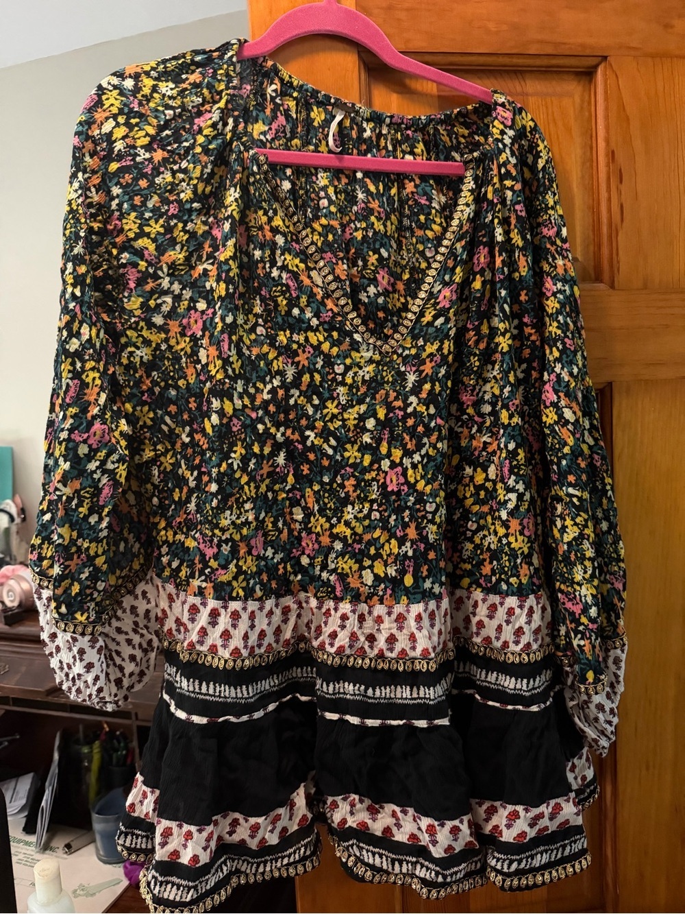 Free People Black Floral Tiered Boho Blouse with Pink and Yellow Accents